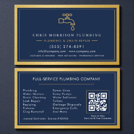 Tarjeta De Visita Navy Blue Plumbing Company QR Code Gold Metallic