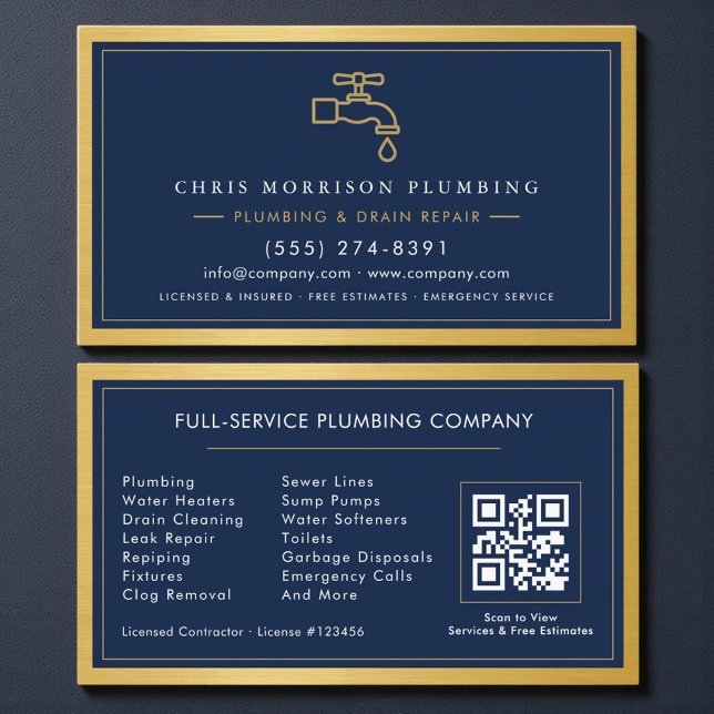 Tarjeta De Visita Navy Blue Plumbing Company QR Code Gold Metallic (Subido por el creador)
