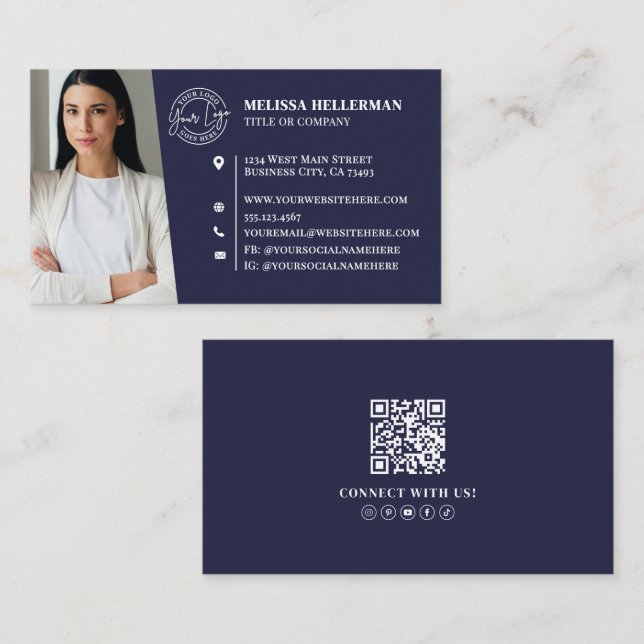 Tarjeta De Visita Navy Blue Professional QR Code Photo Logo (Anverso / Reverso)