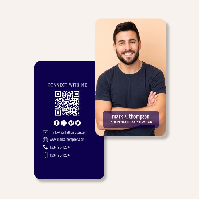 Tarjeta De Visita Navy Blue QR Code Photo Connect Modern (Dark navy QR code business card with photo and sleek modern minimalist design)