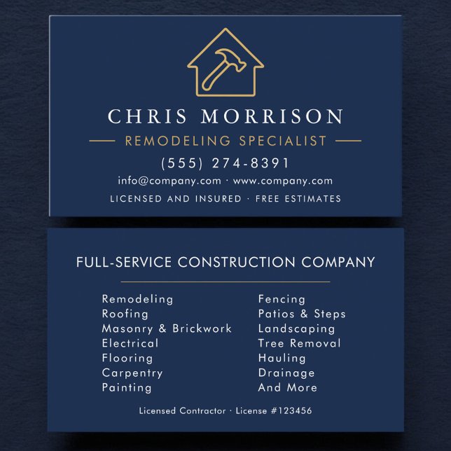 Tarjeta De Visita Navy Blue Remodeling Specialist Construction (Subido por el creador)