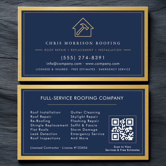 Tarjeta De Visita Navy Blue Roofing Construction Services Metallic (Subido por el creador)