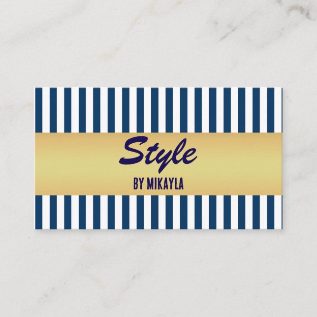Tarjeta De Visita Navy Blue Stripes Gold Bar Stylist (Anverso)