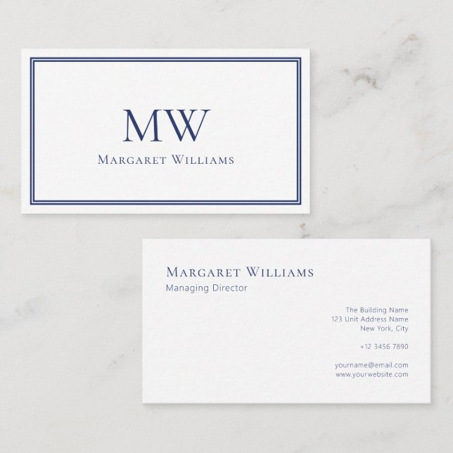 Tarjeta De Visita Navy Blue Two Letter Monogram Professional  (Anverso / Reverso)