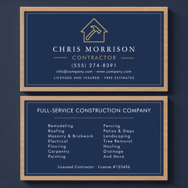 Tarjeta De Visita Navy Blue Wood Building Construction Business Card (Subido por el creador)