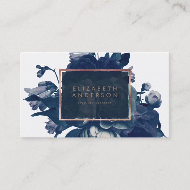 Tarjeta de visita Navy Rosa Gold Bouquet (Anverso)
