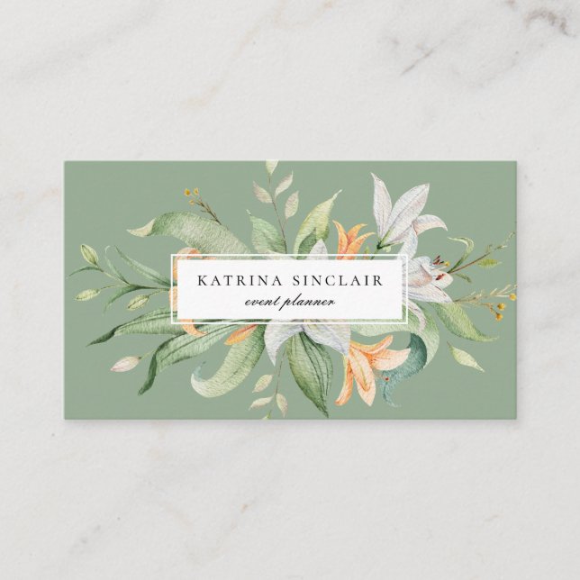 Tarjeta De Visita Neblina floral lirio botánico moderna verde (Anverso)