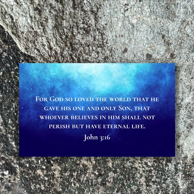 Tarjeta De Visita Nebulosa Azul Moderna Escritura Bíblica Juan 3:16 (Customize this scripture card. John 3:16 Bible verse in modern script on blue nebula background.)