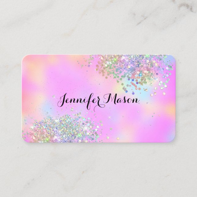 Tarjeta De Visita Negocio de Belleza Glitter Holográfico Elegante Ro (Anverso)