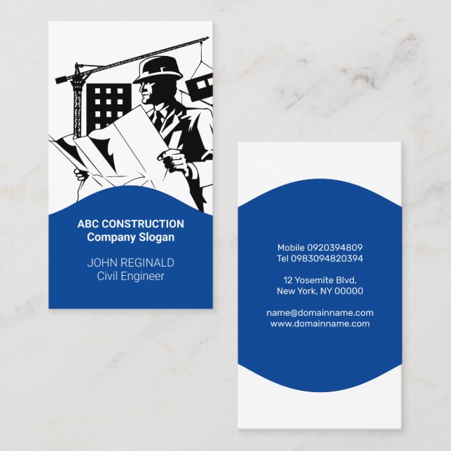 Tarjeta De Visita Negocio de construcción azul y blanco (Anverso / Reverso)