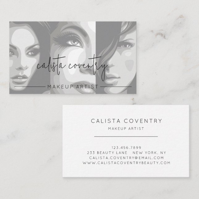 Tarjeta De Visita Negocio de Maquillaje de Foto con Letra Negra (Anverso / Reverso)