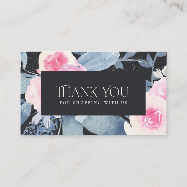 TARJETA DE VISITA NEGOCIOS NEGROS DE RUBOR BLUE FLORAL GRACIAS AL LO (Anverso)