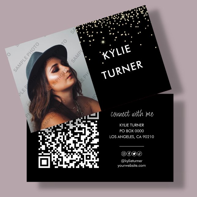 Tarjeta De Visita Negra | Purpurina de oro | Foto | Código QR | Soci (Subido por el creador)