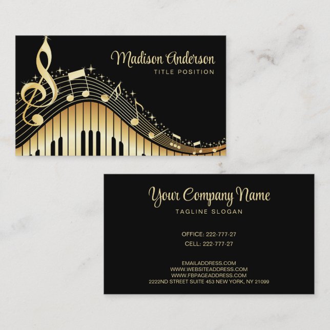 Tarjeta De Visita Negra Y Oro Music Notes Design Business (Anverso / Reverso)