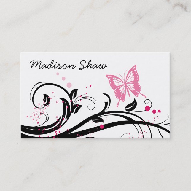 tarjeta de visita negra y rosada de la mariposa (Anverso)