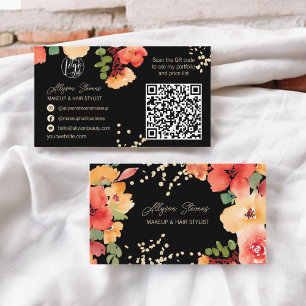 Tarjeta De Visita Negrita floral dorado maquillaje pelo logo qr códi