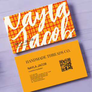 Tarjeta De Visita Negrita Naranja Red Check Pattern QR Código para f