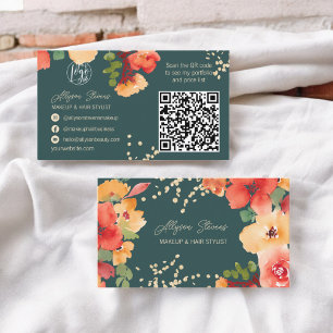 Tarjeta De Visita Negrita verde azulada floral dorado maquillaje de 