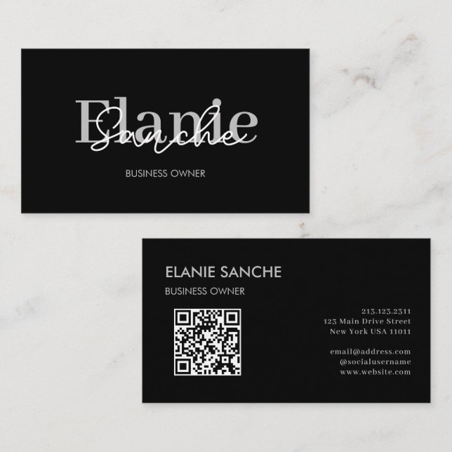 Tarjeta De Visita Negro Código QR moda elegante moderno (Anverso / Reverso)