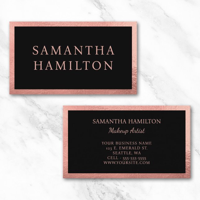 Tarjeta De Visita Negro con borde de oro rosa (Black with Pink Rose Gold Border Business Card)