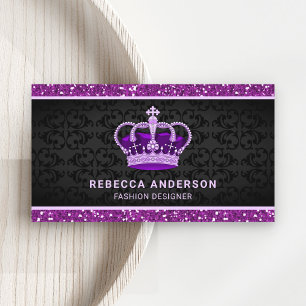 Tarjeta De Visita Negro Damask Faux Purple Purpurina Real Corona