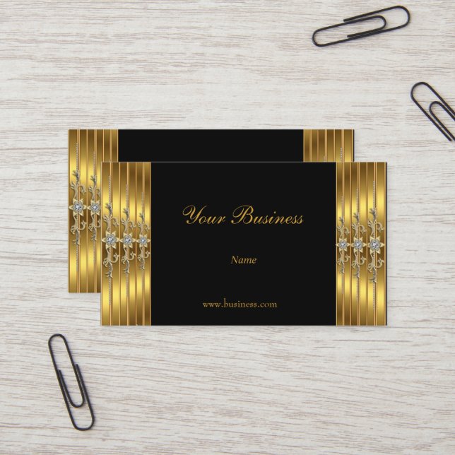 Tarjeta De Visita Negro Elegante Con Joyas De Oro (Anverso/Reverso In Situ)