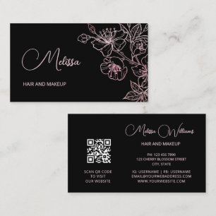 Tarjeta De Visita Negro Floral Metálico Rosa Brillante   Código QR