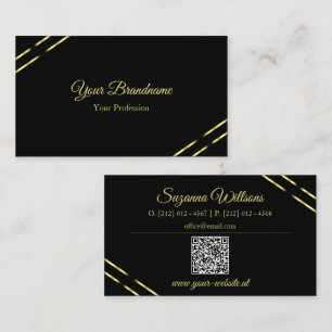 Tarjeta De Visita Negro Liso con Líneas Doradas y Código QR Elegante