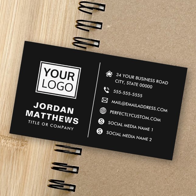 Tarjeta De Visita Negro moderno agregar logo iconos de medios social (Black modern add logo social media icons business card)