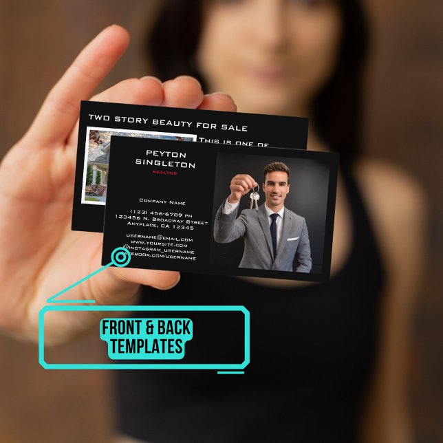 Tarjeta De Visita Negro moderno Realtor con foto en casa (Please enjoy our business card)