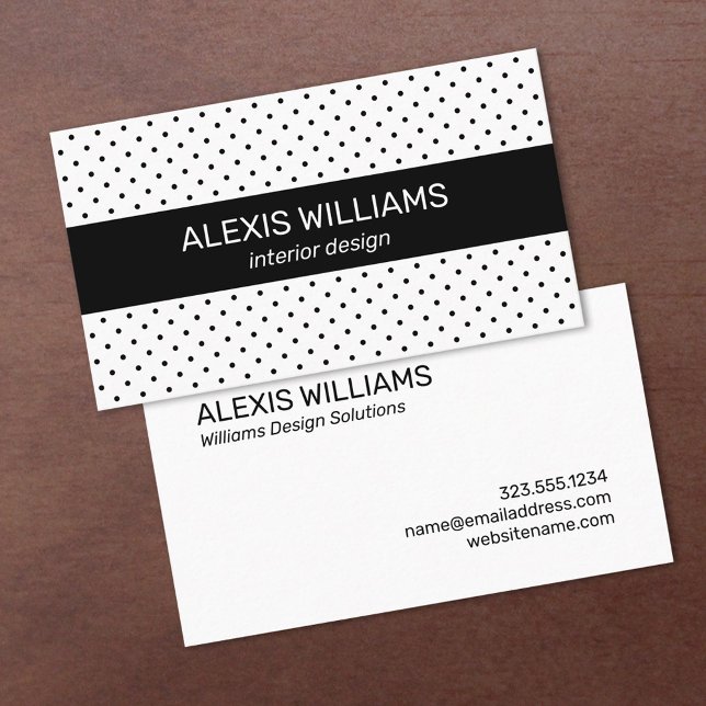 Tarjeta De Visita Negro moderno sobre puntos de polka blanco raya ne (Black and White Polka Dots Black Stripe Business Card, front/back, in situ)