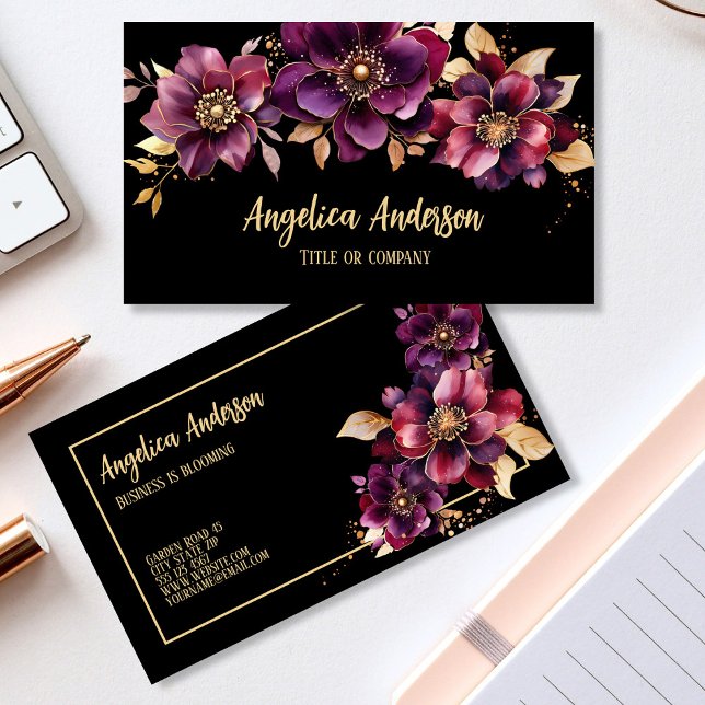 Tarjeta De Visita Negro morado floral (Elegant Feminine Purple Floral Business Card - Double-sided)