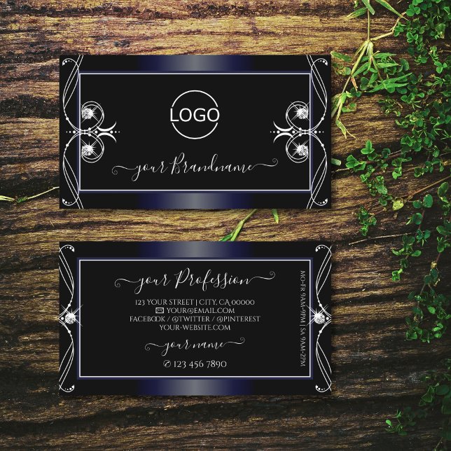 Tarjeta De Visita Negro Oscuro Ornato Azul Esparkling Diamantes Añad (Subido por el creador)