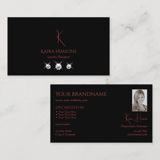 Tarjeta De Visita Negro plano moderno con foto de monograma y diaman (Anverso / Reverso)
