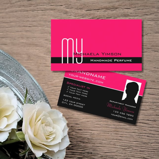 Tarjeta De Visita Negro rosa elegante con monograma y foto clásica (Subido por el creador)