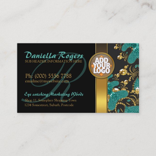 Tarjeta De Visita Negro + Verde azulado + brillante dorado elegante  (Anverso)