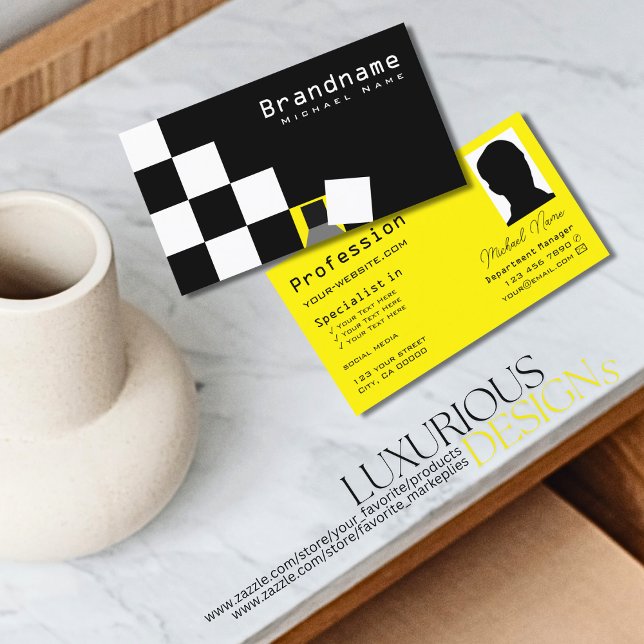 Tarjeta De Visita Negro y amarillo blanco moderno con foto (Subido por el creador)