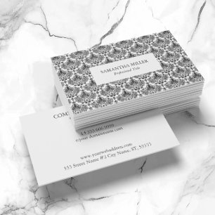 Tarjeta De Visita Negro y Azul Elegante Floral Damask Vintage