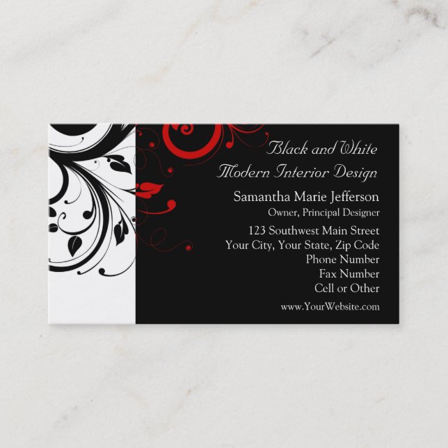 Tarjeta De Visita Negro y blanco con giro inverso rojo (Anverso)