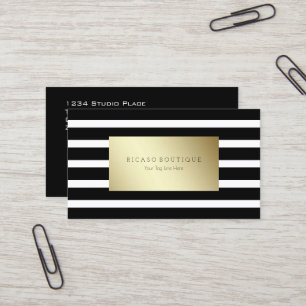 Tarjeta De Visita Negro y blanco moderno rayado con oro