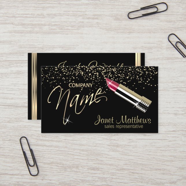 Tarjeta De Visita Negro y oro con lápiz labial (Anverso/Reverso In Situ)