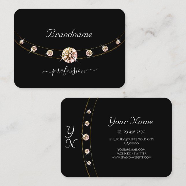 Tarjeta De Visita Negro y oro moderno con Diamantes de imitación ini (Anverso / Reverso)