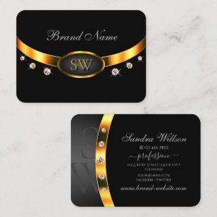 Tarjeta De Visita Negro y oro muy elegante con diamantes de monogram