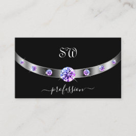 Tarjeta De Visita Negro y plata con diamantes morados monogramados