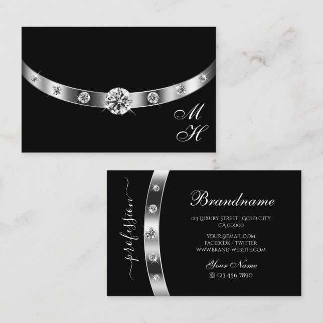 Tarjeta De Visita Negro y plata modernos con monograma profesional (Anverso / Reverso)