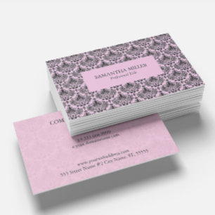 Tarjeta De Visita Negro y Rosa Elegante Damasco Floral Vintage