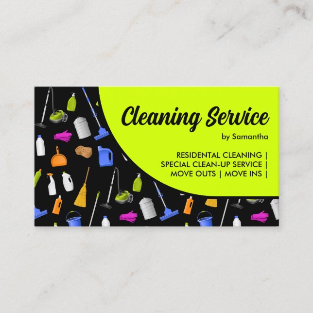 Tarjeta De Visita Neon Green Black Modern House Cleaning Service (Anverso)