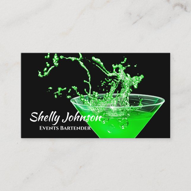 Tarjeta De Visita Neon Green Splash Bartender y Caterer de eventos (Anverso)