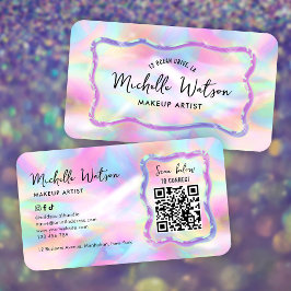 Tarjeta De Visita Neon Holographic Iridescent Beauty Salon QR Code