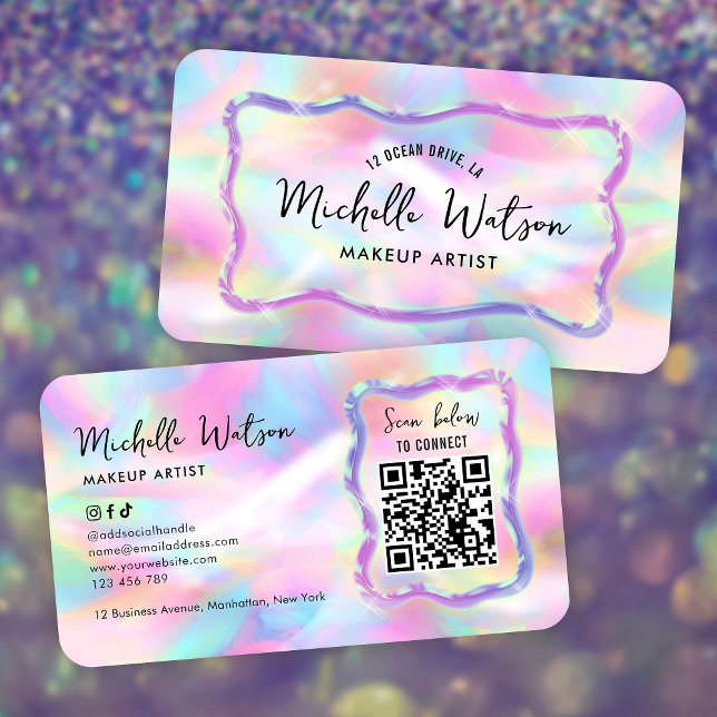 Tarjeta De Visita Neon Holographic Iridescent Beauty Salon QR Code (Neon effect business cards with custom QR code, trendy fonts and holographic style background)